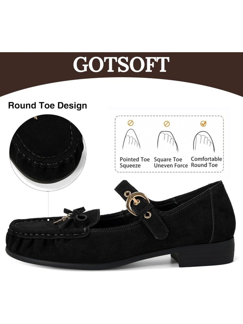 Women's Black Leather Loafers Bow Buckle Comfortable Classic Dress Work Shoes - Picture 5 of 7